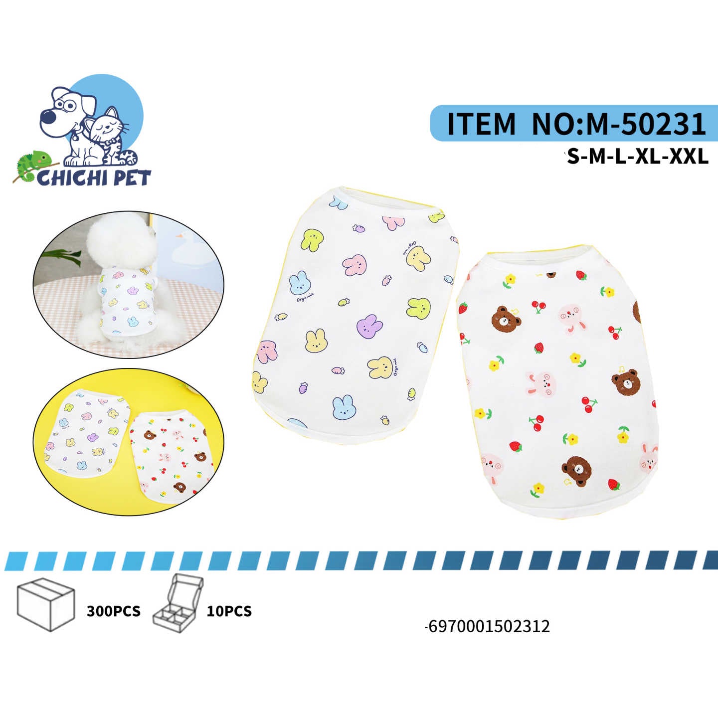 Dale a tu mascota un toque de ternura y diversión con esta polera de Chichi Pet. Presenta adorables estampados de conejos, osos y fresas, perfectos para que tu perro o gato luzca encantador y a la moda en cualquier momento.