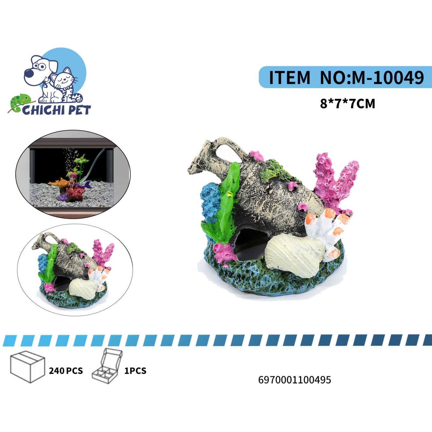 Enriquece el ambiente de tu acuario con el adorno de refugio de ánfora y coral ChiChi Pet, modelo M-10049. Este cautivador accesorio presenta una ánfora antigua rota, rodeada de vibrantes corales en tonos rosas y blancos, y algas verdes, creando un paisaje submarino con un toque de historia.
Fabricado con resina de alta calidad y no tóxica, este adorno es completamente seguro para tus peces y plantas acuáticas, sin alterar la química del agua. El diseño hueco de la ánfora proporciona un excelente escondite 
