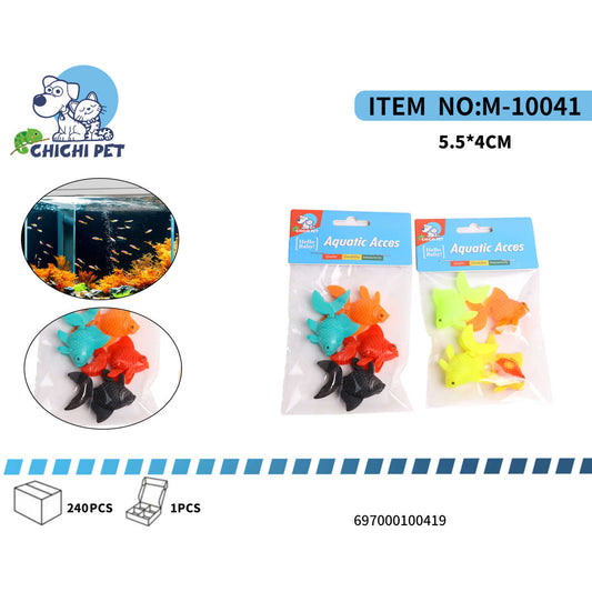 Anime su acuario con el vibrante Set de 4 Peces Dorados Decorativos Flotantes CHICHI PET, modelo M-10041 (PF02). Este colorido paquete de figuras de peces no solo añadirá un toque de alegría y movimiento a su entorno acuático, sino que también creará una escena submarina más dinámica y atractiva.
Cada pez decorativo, con dimensiones aproximadas de 5.5x4cm, presenta colores vivos como el naranja, turquesa, negro y amarillo, y un diseño realista que imita la graciosa silueta de los peces dorados. Estos peces 