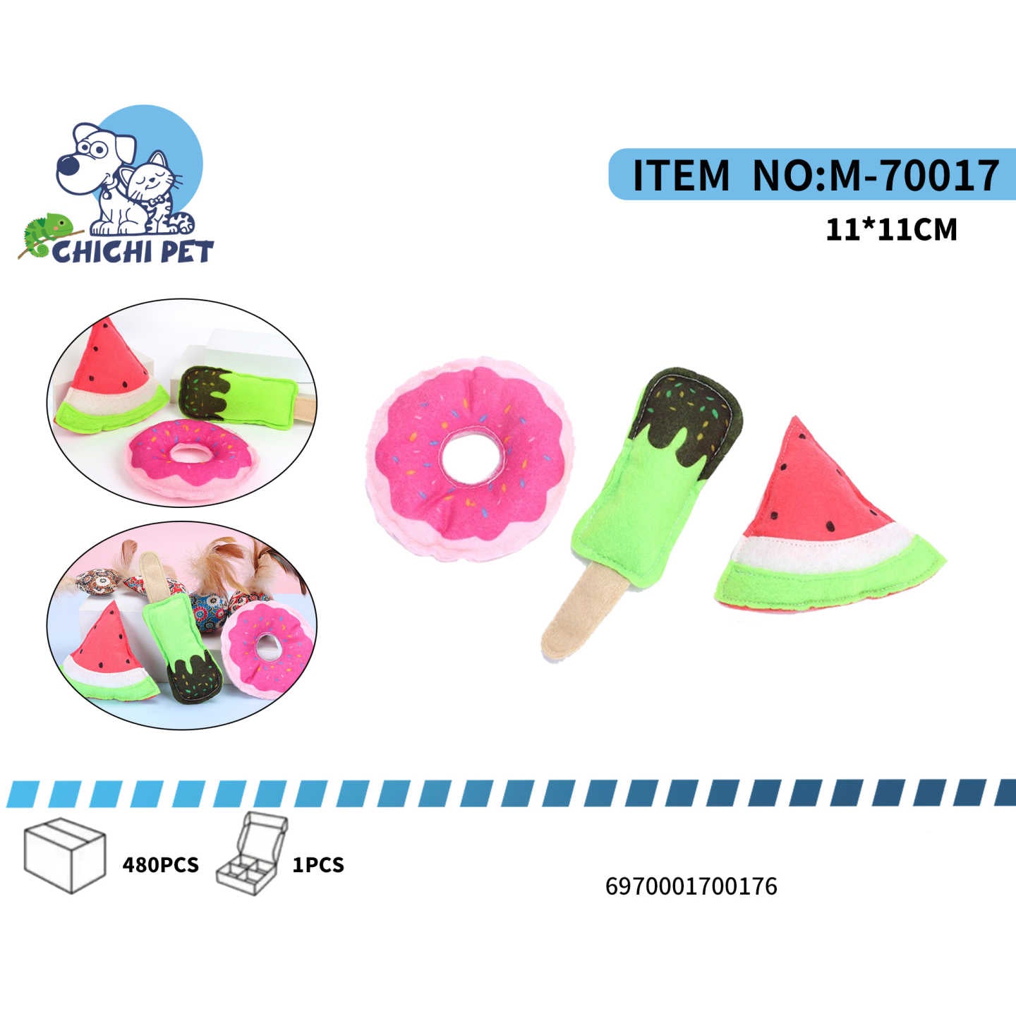 Deleita a tu mascota con el divertido set de juguetes de peluche Chichi Pet M-70017. Este adorable conjunto incluye tres juguetes con forma de sandía, paleta de helado y dona, cada uno diseñado para estimular el juego y la diversión de tu perro o gato.