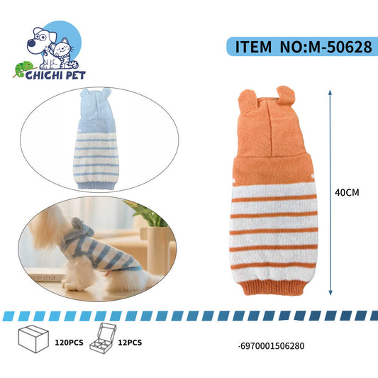 Viste a tu perro o gato con un estilo adorable y acogedor gracias a este suéter con capucha de Chichi Pet, disponible en talla XL. Presenta un divertido diseño de rayas horizontales y una capucha con pequeñas orejas, ideal para que tu mascota luzca tierna y se mantenga abrigada.