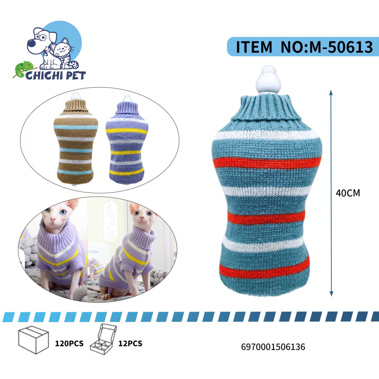 Aporta estilo y calidez a tu perro o gato con este suéter de punto de Chichi Pet, disponible en talla XL. Presenta un atractivo diseño de rayas horizontales en colores contrastantes y un cómodo cuello alto acanalado, ideal para mantener a tu mascota abrigada durante los días más fríos.