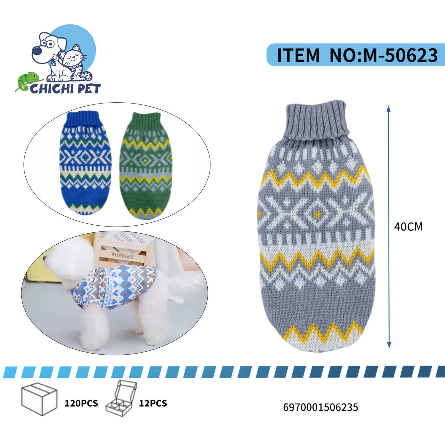 Prepara a tu perro o gato para el frío con estilo con este suéter de punto de Chichi Pet, disponible en talla XL. Presenta un encantador patrón nórdico o Fair Isle en colores contrastantes y un cómodo cuello alto acanalado, ideal para mantener a tu mascota abrigada y a la moda.