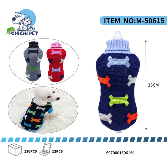 Dale a tu perro o gato un estilo divertido y cálido con este suéter de punto de Chichi Pet. Presenta un adorable estampado de huesos de colores vibrantes sobre un fondo sólido y un cómodo cuello alto acanalado, ideal para mantener a tu mascota abrigada durante los días más fríos.
