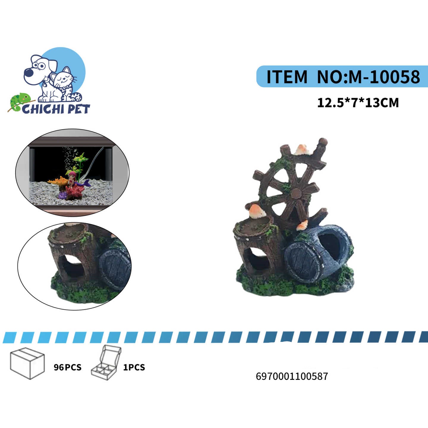 Zarpa hacia la aventura en tu acuario con el adorno de timón hundido y barriles ChiChi Pet, modelo M-10058. Este atractivo accesorio simula un timón de barco antiguo y dos barriles de madera, cubiertos con algas y musgo marino, creando una escena de naufragio misterioso y lleno de historia.