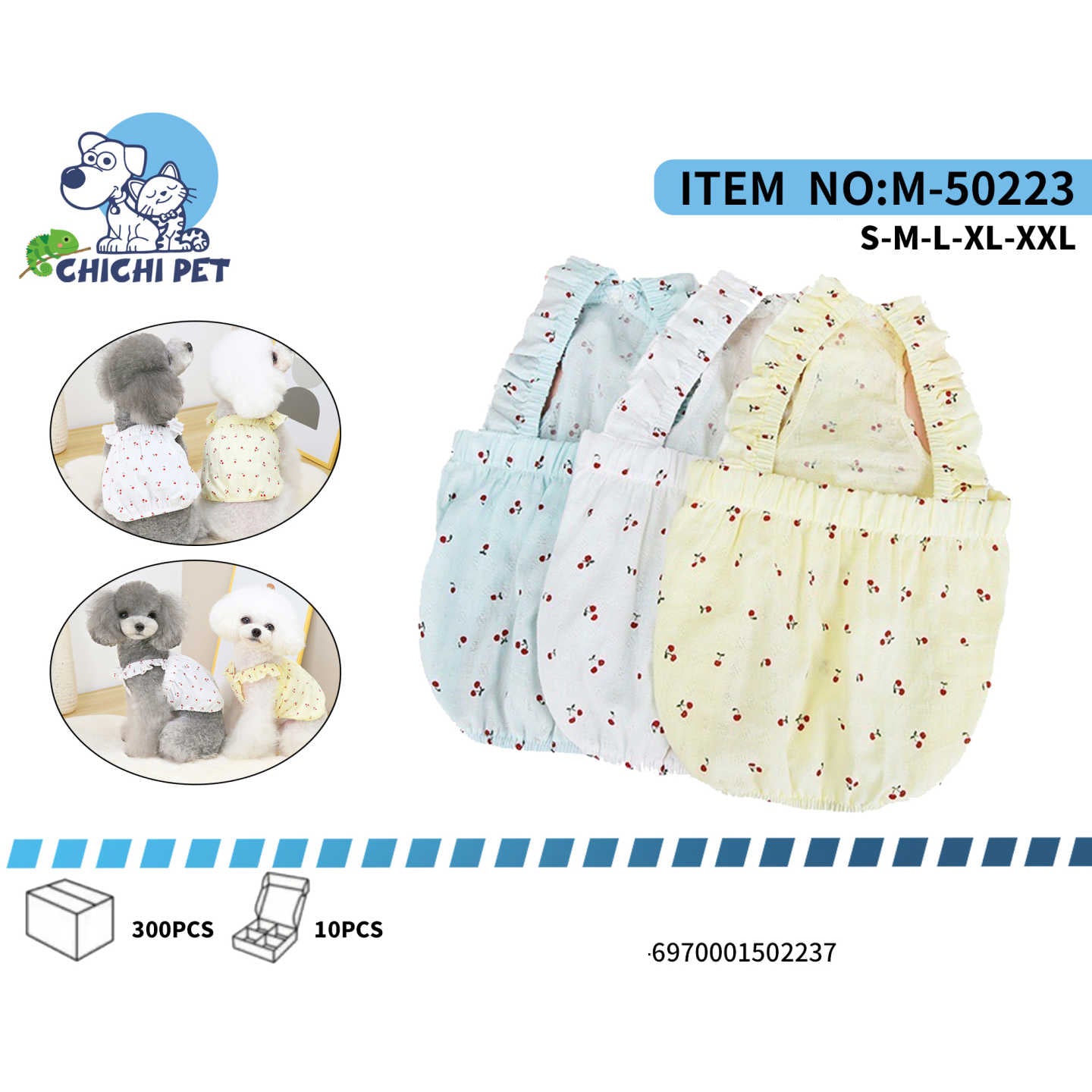 Dale a tu mascota un look fresco y dulce con este adorable vestido de Chichi Pet, diseñado con un encantador estampado de cerezas. Ideal para los días cálidos, paseos o simplemente para que tu compañero peludo luzca tierno y a la moda.