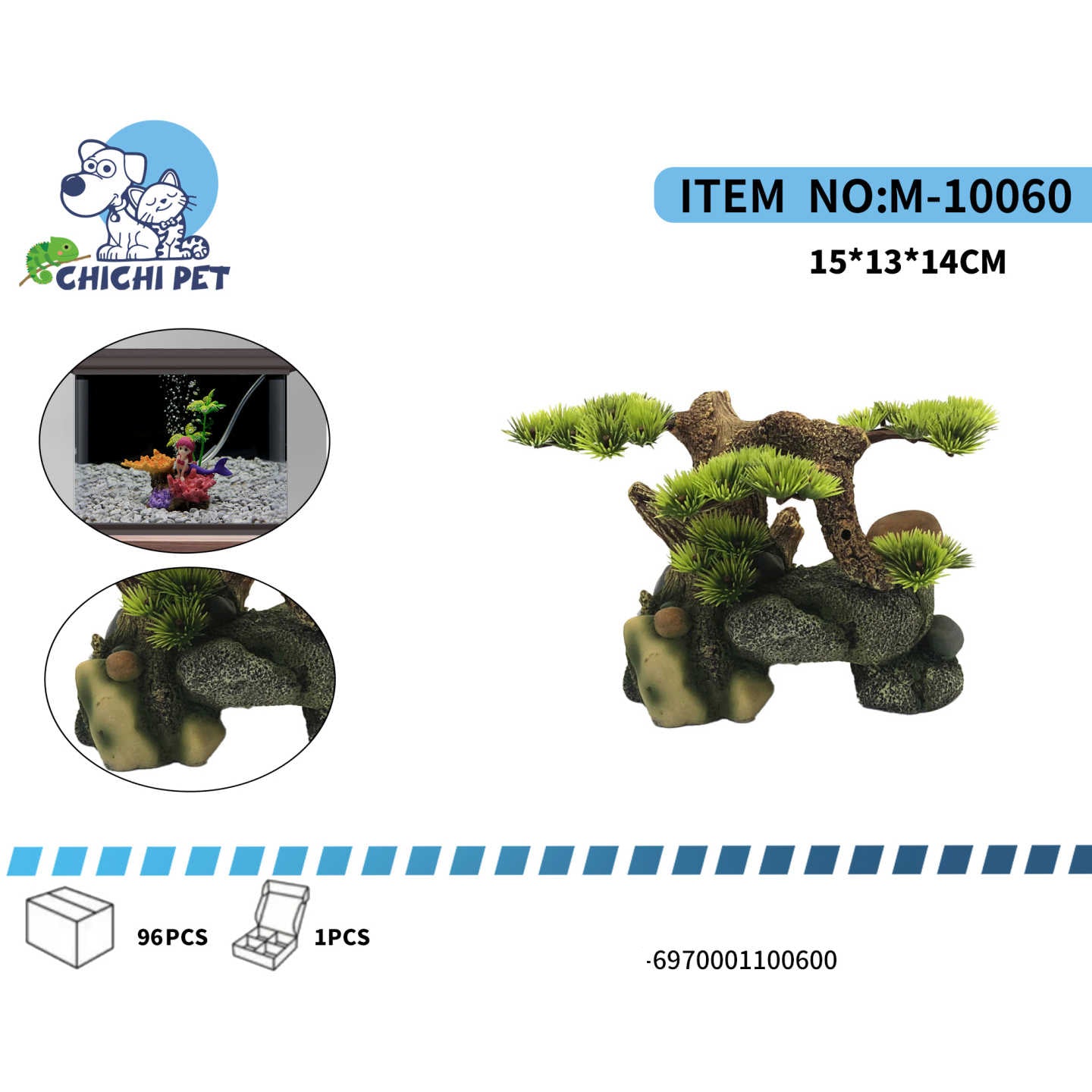 Aporta un toque de serenidad y naturaleza a tu acuario con el adorno de árbol bonsái rocoso ChiChi Pet, modelo M-10060. Este elegante accesorio simula un pequeño árbol bonsái enraizado en formaciones rocosas, con follaje verde, creando un paisaje acuático armonioso y de estilo asiático.